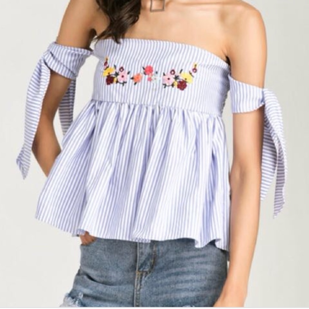 Zara tie-sleeve embroidered stripe top